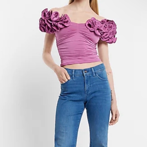 EXPRESS Body Contour Compression Off Shoulder Rosette Top - Picture 4 of 11